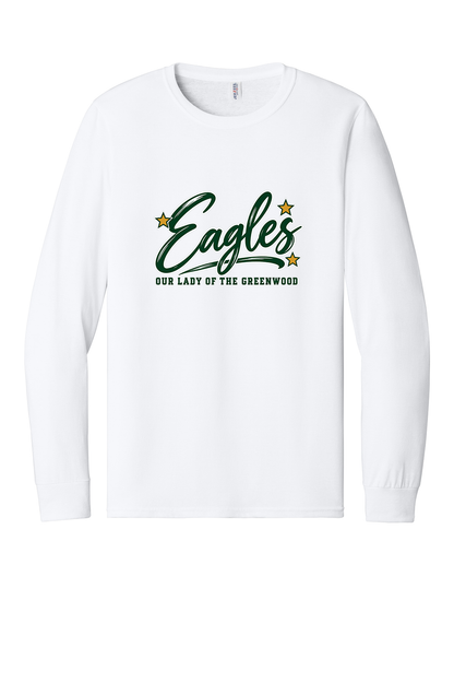 Eagles in Cursive with outline Short sleeve, long sleeve, sweatshirts, and 1/4 zips