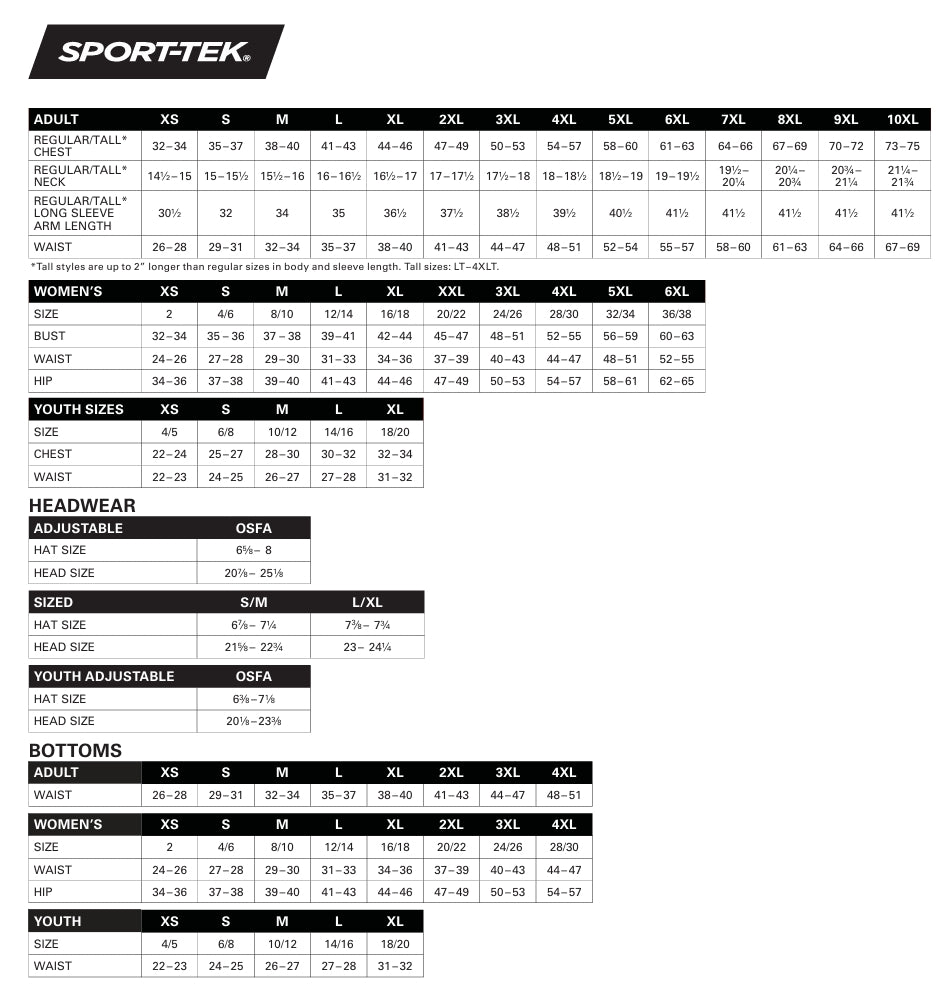 Gym uniform size chart
